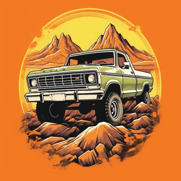 Foto un design avventuroso e robusto della maglietta con gli iconici broncos del 1978 in un offroad ai generated