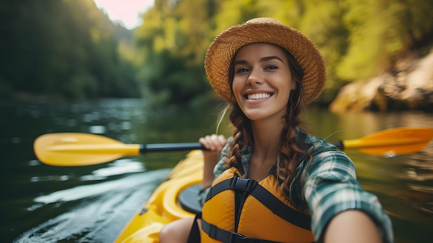 Adventurous Selfie A Woman Enjoying Canoeing and Healthy Lifestyle by the Lake Generative A