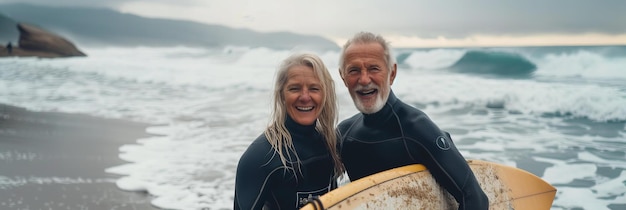 Adventurous Senior Couple Surfing Together