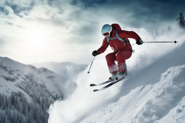 액션에서 모험적인 스키 선수 극단적인 겨울 스포츠 생성 AI