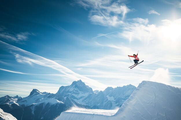 모험적 인 스키 선수 가 그림 같은 산 을 배경 으로 높이 날아다니는 것