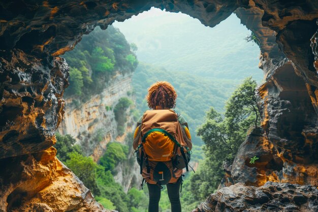 Adventurous Solo Traveler Standing at Cave Entrance Overlooking Lush Green Valley and Mountains