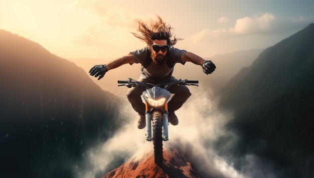 Adventurous spirit Man riding a motorcycle embraces speed freedom and the thrill of the open road Experience the power of two wheels on a journey of exploration and adventure