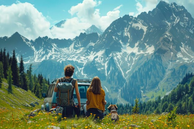 Adventurous Summer Road Trip Young Couple and Dog Exploring the Mountains in Style