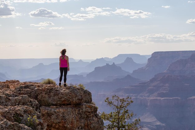 Adventurous traveler standing on desert rocky mountain american landscape