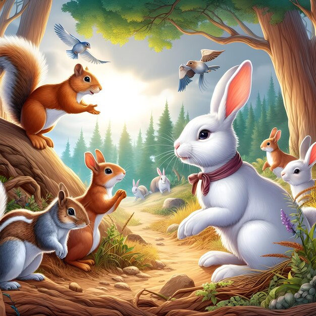 Photo an adventurous vector hd image of rabbits encountering other wildlife in their habitat