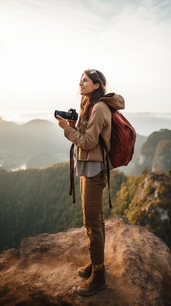 Adventurous woman exploring a breathtaking mountain Generative Ai