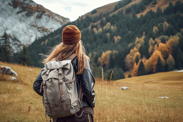 Adventurous Woman with Backpack Standing Confidently in a Vast Field Generative AI