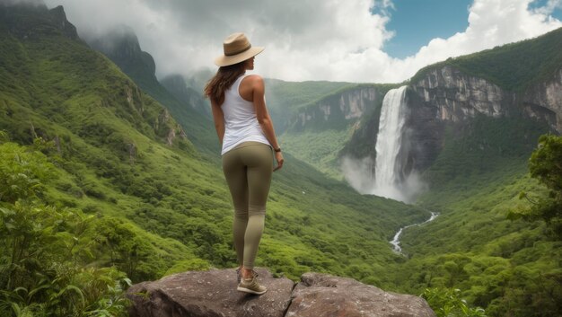 Приключенческая женщина с рюкзаками стоит на краю скалы и смотрит на красивую землю
