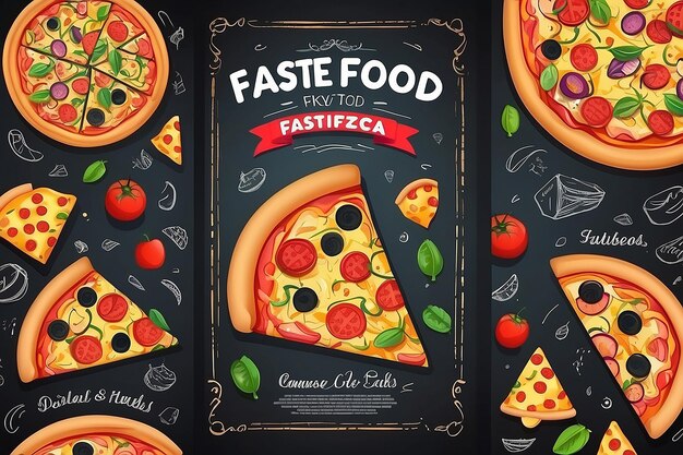 Foto flyer pubblicitario di fast food con l'icona della pizza sullo sfondo della lavagna in formato verticale