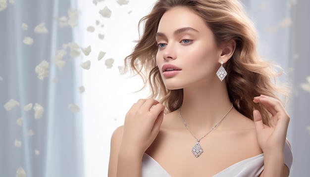 Advertentie voor een luxe sieradenmerk met een vrouwelijk model die schitterende diamanten schiet