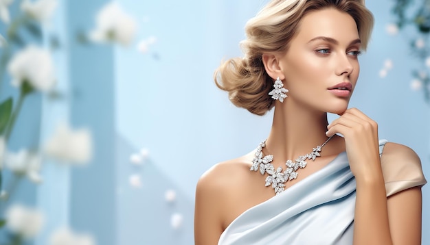 Advertentie voor een luxe sieradenmerk met een vrouwelijk model die schitterende diamanten schiet