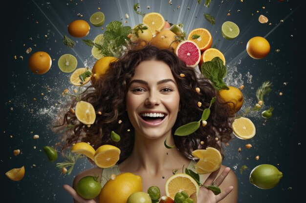 Foto advertentiefoto van een schattige vrouw in het midden met een grote verscheidenheid aan gezonde voeding