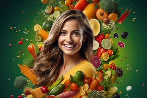 advertentiefoto van een schattige vrouw in het midden met een grote verscheidenheid aan gezonde voeding