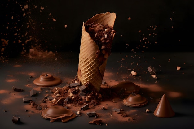 Advertenties voor chocolade-ijshoorntjes met chocoladetoppings gegenereerd door neuraal netwerk ai