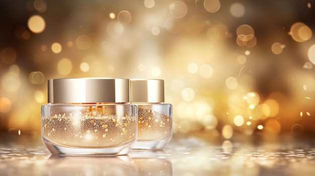 Advertenties voor hydraterende cosmetische producten champagne gouden containers op glinsterende bokeh-achtergrond in illustra