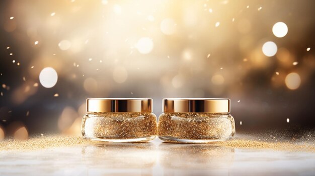 Advertenties voor hydraterende cosmetische producten champagne gouden containers op glinsterende bokeh achtergrond in illustra