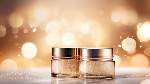 Advertenties voor hydraterende cosmetische producten champagne gouden containers op glinsterende bokeh achtergrond in illustra