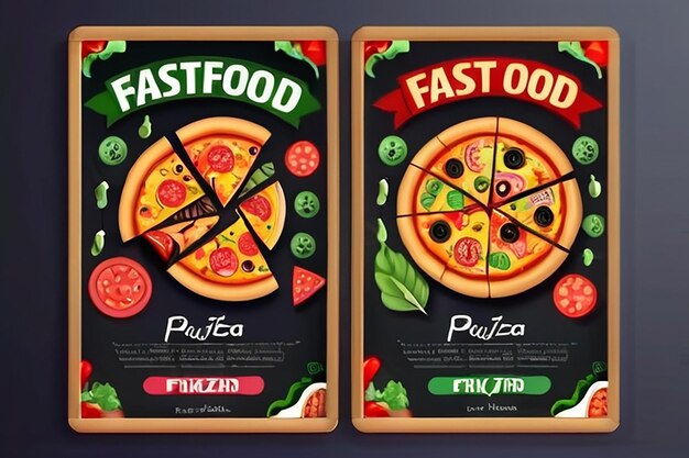 Foto adverteren van fastfood flyer met pizza icoon op krijtbord achtergrond verticaal formaat