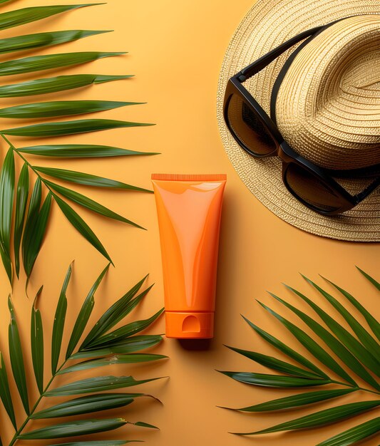 Adverteren van stilleven van zonnebrandcrèmes met een pet en een zonnebril om de aankoop te stimuleren Verkoop