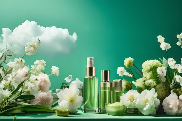 Foto adverteren van vloeibare vochtinbrengende cosmetica voor vrouwen met kopie ruimte bloemen wolken