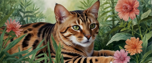 for advertisement and banner as Bengal Bliss A Bengal cat in blissful repose surrounded by watercolo