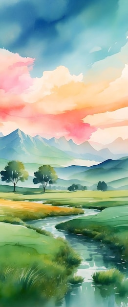 for advertisement and banner as Pastoral Serenity Gentle watercolor strokes depict a serene pastoral