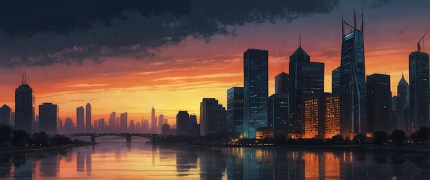 for advertisement and banner as Urban Dawn A cityscape at dawn blending urban structures with mornin