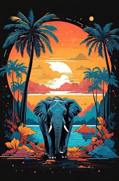 Foto un annuncio per un elefante con palme e tramonto