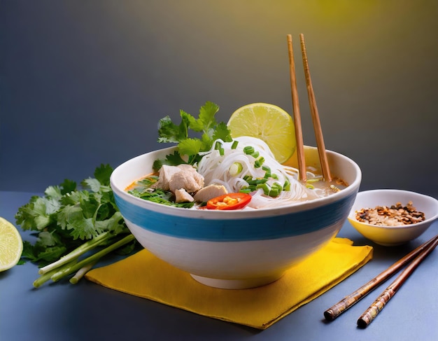 advertisement food photography a bowl of noodle pho bright colors studio lighting