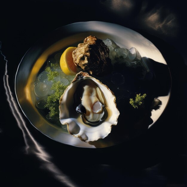 Photo advertisement image close up a fresh oyster dish light ang shadow play