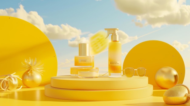 Реклама продукта для ухода за кожей Иллюстрация увлажняющего спрея и крема в желтой сцене с полукруглыми очками и видом на небо на заднем плане