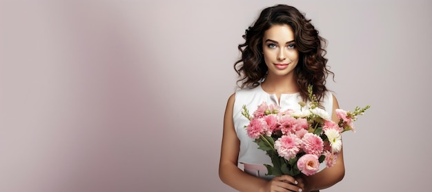 Advertising banner space for text a woman with a bouquet of flowers on a light background AI generated