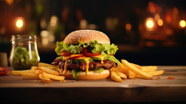 Advertising banner with hamburger fries and drinks