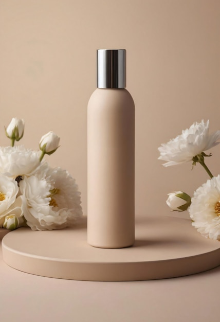 Advertising of blank beauty skin care cosmetic bottle with metal cap on beige podium with flowers