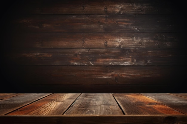 Advertising concept with wooden table in dark room background