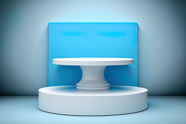 Advertising display with a podium pedestal or blue product background and white backdrops