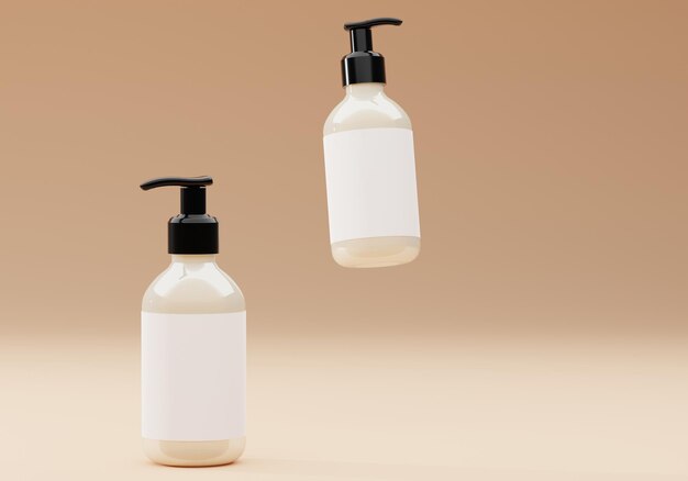Photo advertising frame of plastic bottles with dispensers for soap, shampoo, gel on a light beige backgro