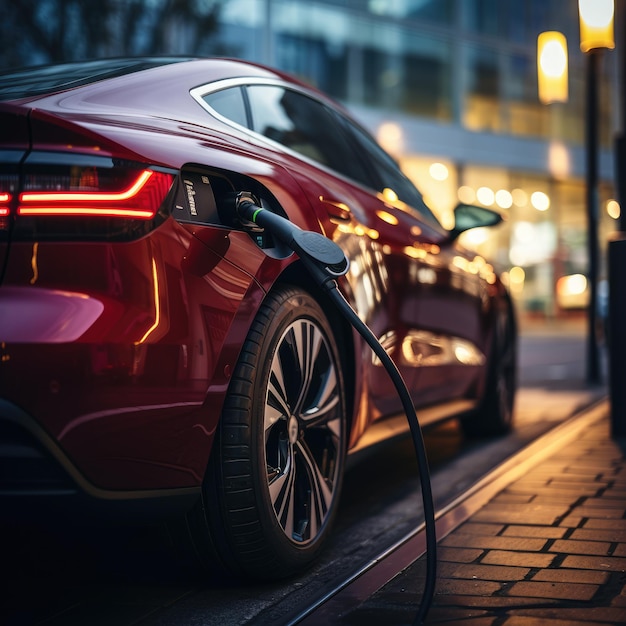 Advertising image Closeup EV electric car plugged charging at standalone station