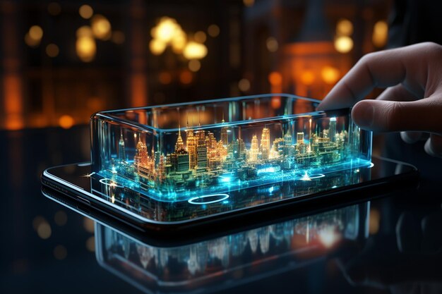 Advertising and marketing as tools for global trade person touches smartphone with hologram