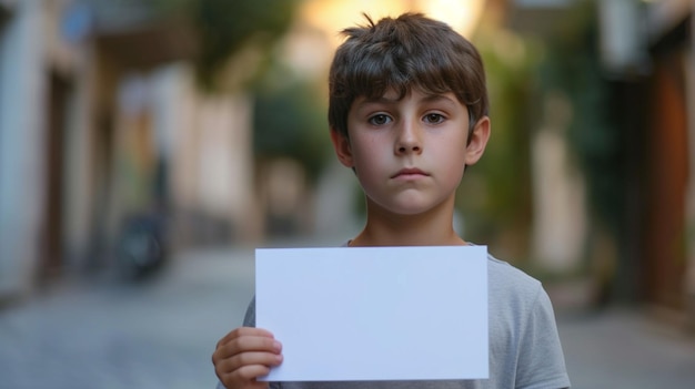 Advertising Melancholy Boy in Nostalgic Mood with Blank Sign