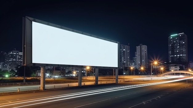 広告は、屋外広告ポスター用の公共情報板看板のコピースペースと街路灯を備えた夜間の空の看板をモックアップします