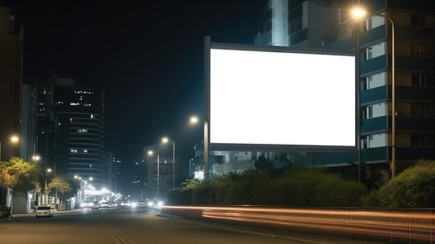 広告は、屋外広告ポスター用の公共情報板看板のコピースペースと街路灯を備えた夜間の空の看板をモックアップします