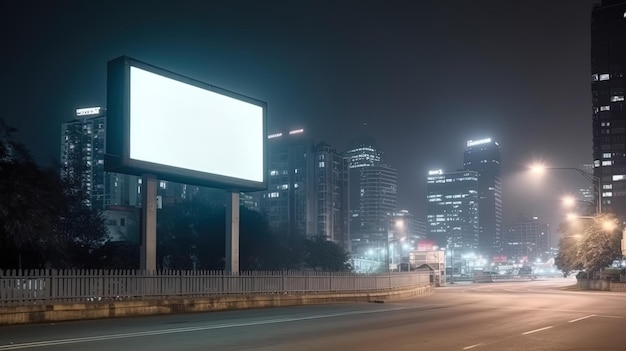 広告は、屋外広告ポスター用の公共情報板看板のコピースペースと街路灯を備えた夜間の空の看板をモックアップします