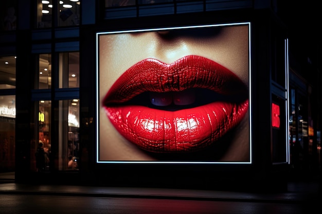 Advertising mock up with red lips of a beautiful woman conceptual fashion in a modern style