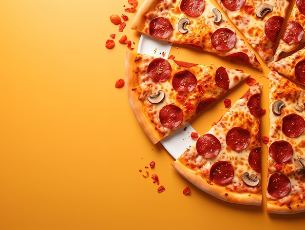 Advertising of pizza with slices on culinary board and ingredients