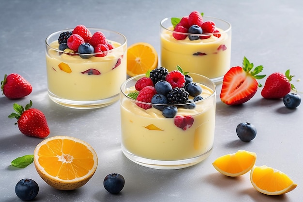 Advertising podium photo of fruit custard