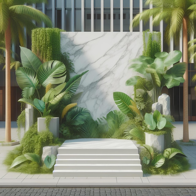 advertising podium stand with tropical jungle leaves background Empty gray stone pedestal platform