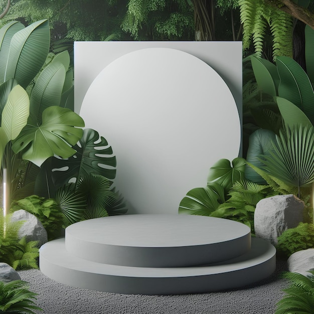 熱帯ジャングルの葉を背景にした広告のポディウムスタンド 空の灰色の石の基盤プラットフォーム