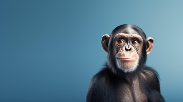 Foto banner pubblicitario del ritratto dello scimpanzé nero che sembra dritto e isolato sullo sfondo blu
